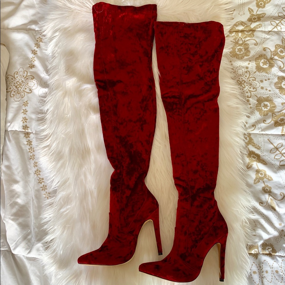 Red thigh high boots 5 inch heels